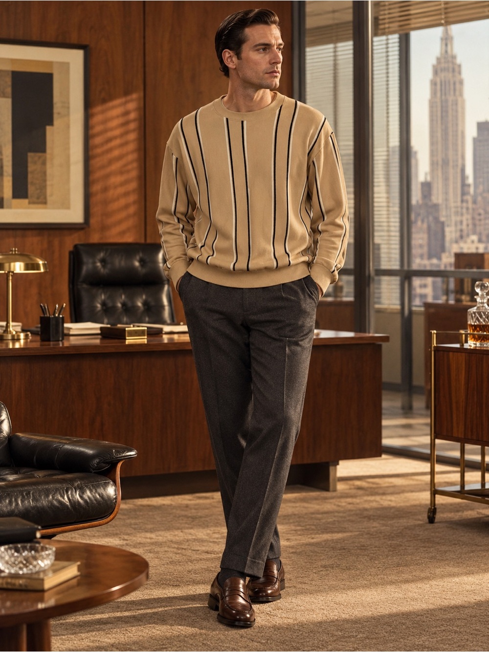 Zara Men’s Sweater XL Striped Pullover, Tan, Navy, Mad Men #3CL